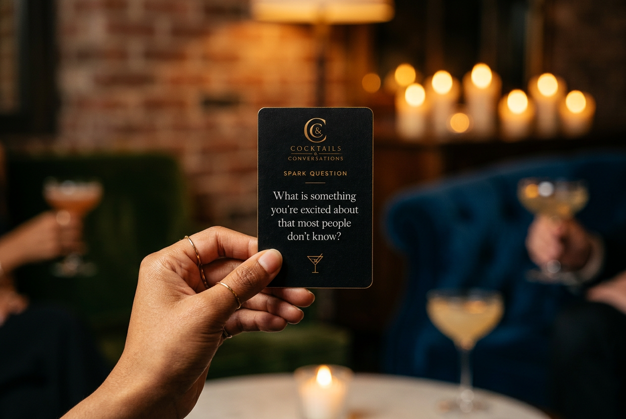 Spark Cards fanned beside a signature cocktail